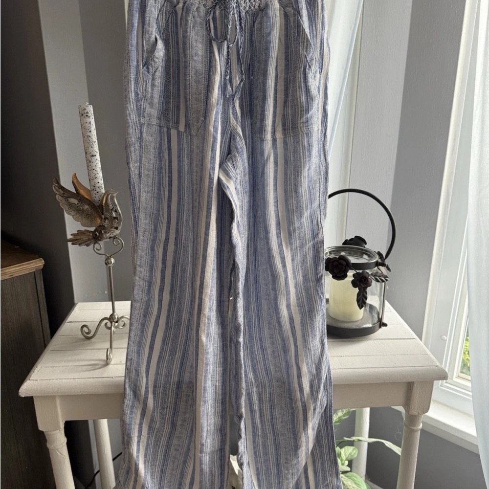 Christopher & Banks Blue White Stripe Linen Pull On Beach Pants Sz S